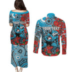 Personalised Cronulla Sharks ANZAC Couples Matching Puletasi and Long Sleeve Button Shirt Indigenous Wave Pattern Poppy Remembrance Shark Warrior