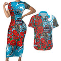 Personalised Cronulla Sharks ANZAC Couples Matching Short Sleeve Bodycon Dress and Hawaiian Shirt Indigenous Wave Pattern Poppy Remembrance Shark Warrior