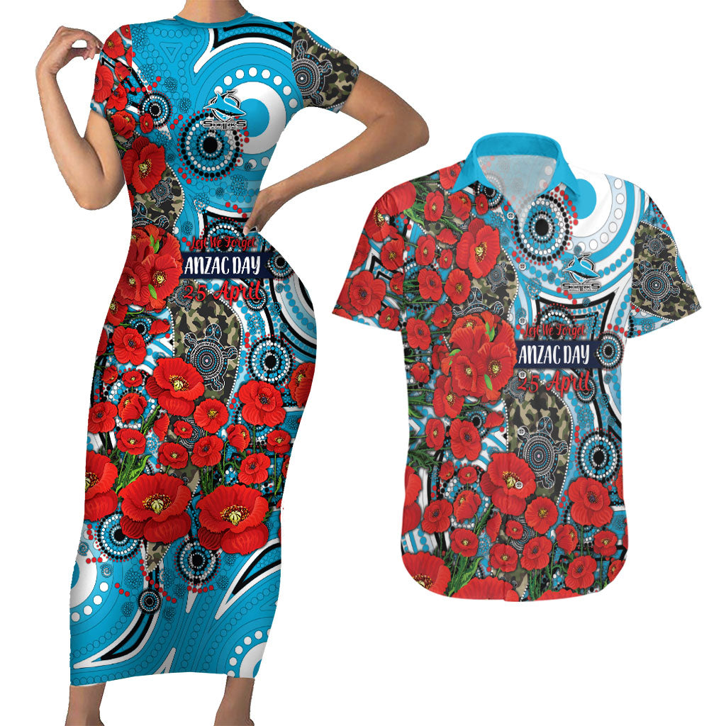 Personalised Cronulla Sharks ANZAC Couples Matching Short Sleeve Bodycon Dress and Hawaiian Shirt Indigenous Wave Pattern Poppy Remembrance Shark Warrior