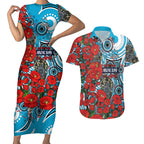 Personalised Cronulla Sharks ANZAC Couples Matching Short Sleeve Bodycon Dress and Hawaiian Shirt Indigenous Wave Pattern Poppy Remembrance Shark Warrior