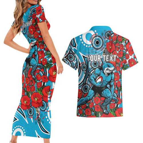 Personalised Cronulla Sharks ANZAC Couples Matching Short Sleeve Bodycon Dress and Hawaiian Shirt Indigenous Wave Pattern Poppy Remembrance Shark Warrior