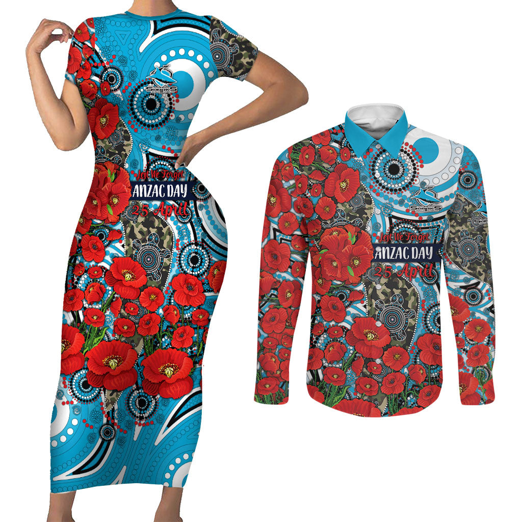 Personalised Cronulla Sharks ANZAC Couples Matching Short Sleeve Bodycon Dress and Long Sleeve Button Shirt Indigenous Wave Pattern Poppy Remembrance Shark Warrior