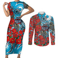 Personalised Cronulla Sharks ANZAC Couples Matching Short Sleeve Bodycon Dress and Long Sleeve Button Shirt Indigenous Wave Pattern Poppy Remembrance Shark Warrior