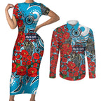 Personalised Cronulla Sharks ANZAC Couples Matching Short Sleeve Bodycon Dress and Long Sleeve Button Shirt Indigenous Wave Pattern Poppy Remembrance Shark Warrior