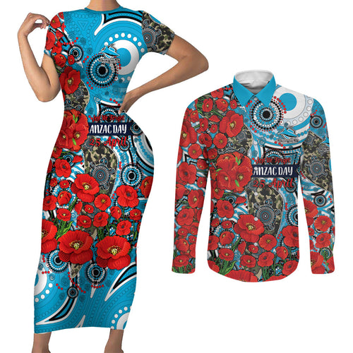 Personalised Cronulla Sharks ANZAC Couples Matching Short Sleeve Bodycon Dress and Long Sleeve Button Shirt Indigenous Wave Pattern Poppy Remembrance Shark Warrior