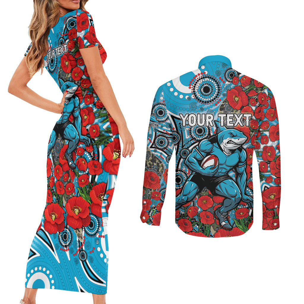 Personalised Cronulla Sharks ANZAC Couples Matching Short Sleeve Bodycon Dress and Long Sleeve Button Shirt Indigenous Wave Pattern Poppy Remembrance Shark Warrior