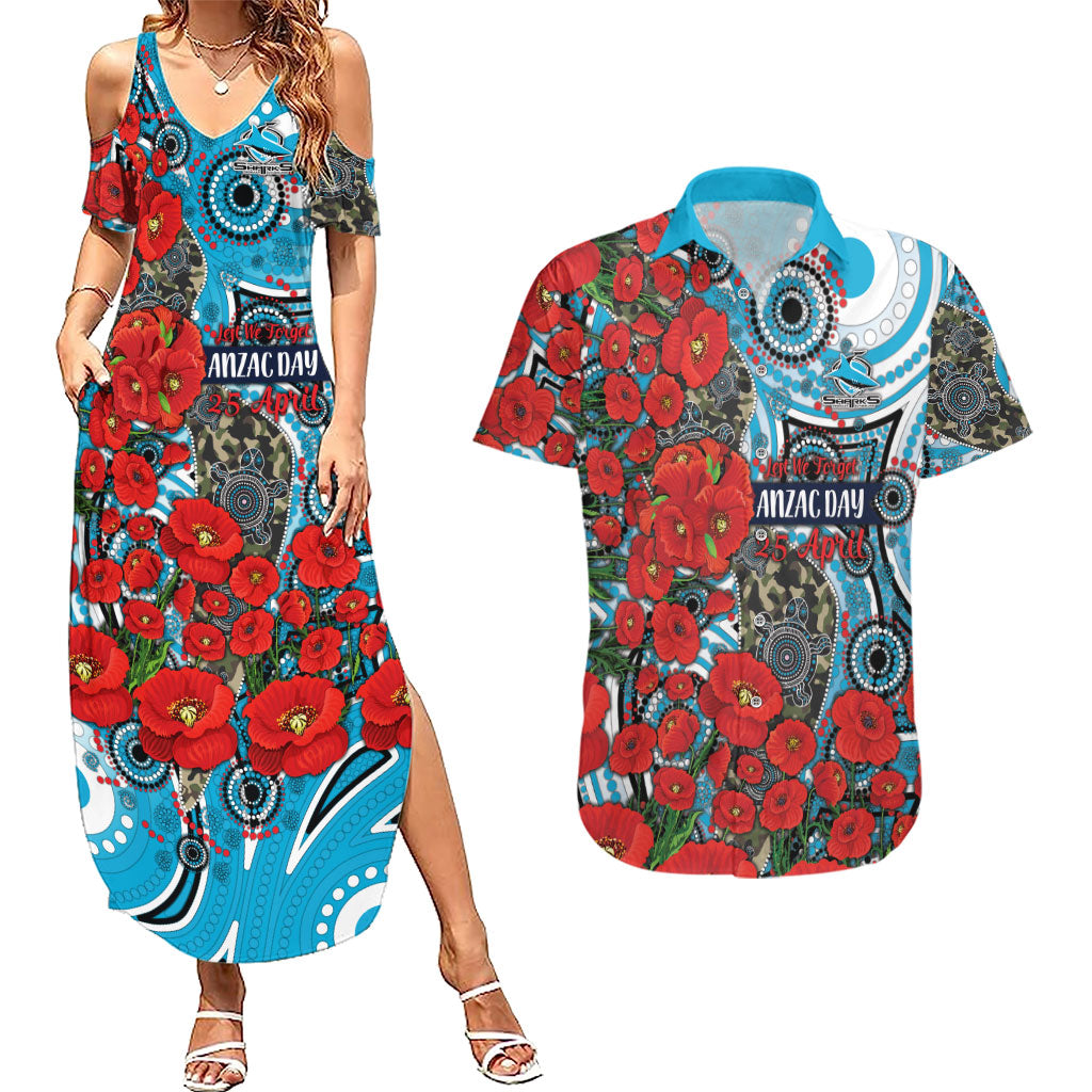 Personalised Cronulla Sharks ANZAC Couples Matching Summer Maxi Dress and Hawaiian Shirt Indigenous Wave Pattern Poppy Remembrance Shark Warrior