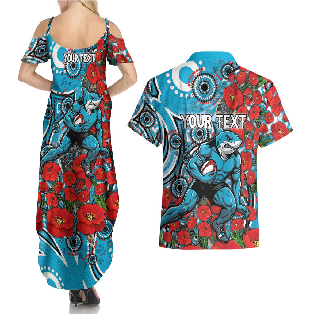 Personalised Cronulla Sharks ANZAC Couples Matching Summer Maxi Dress and Hawaiian Shirt Indigenous Wave Pattern Poppy Remembrance Shark Warrior