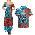 Personalised Cronulla Sharks ANZAC Couples Matching Summer Maxi Dress and Hawaiian Shirt Indigenous Wave Pattern Poppy Remembrance Shark Warrior