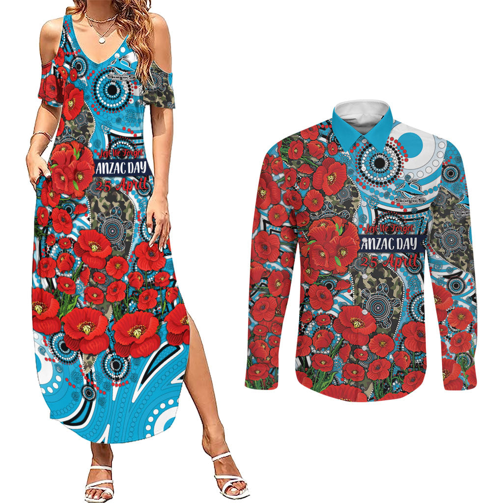 Personalised Cronulla Sharks ANZAC Couples Matching Summer Maxi Dress and Long Sleeve Button Shirt Indigenous Wave Pattern Poppy Remembrance Shark Warrior