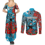Personalised Cronulla Sharks ANZAC Couples Matching Summer Maxi Dress and Long Sleeve Button Shirt Indigenous Wave Pattern Poppy Remembrance Shark Warrior