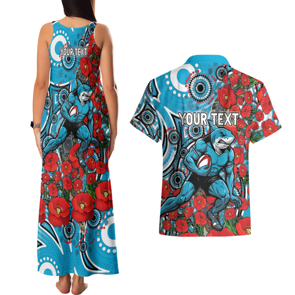 Personalised Cronulla Sharks ANZAC Couples Matching Tank Maxi Dress and Hawaiian Shirt Indigenous Wave Pattern Poppy Remembrance Shark Warrior
