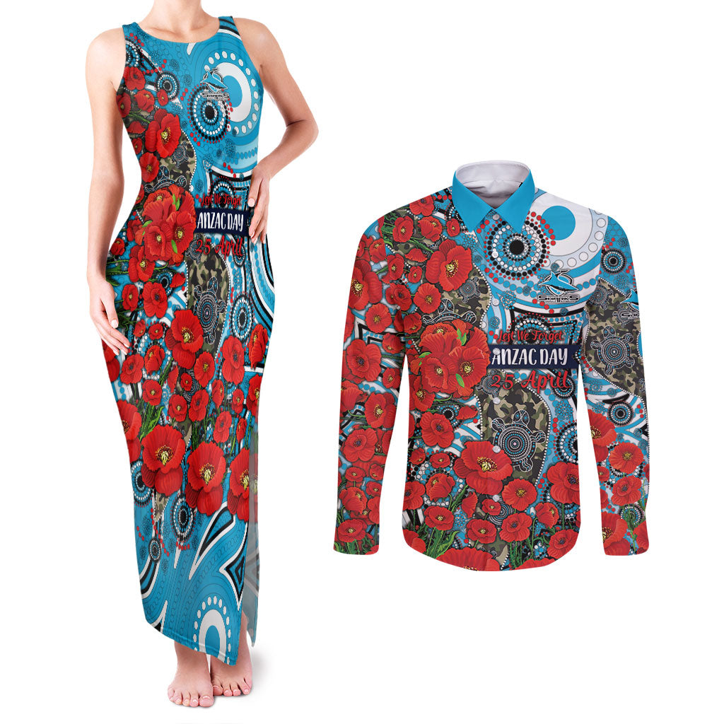 Personalised Cronulla Sharks ANZAC Couples Matching Tank Maxi Dress and Long Sleeve Button Shirt Indigenous Wave Pattern Poppy Remembrance Shark Warrior