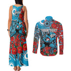 Personalised Cronulla Sharks ANZAC Couples Matching Tank Maxi Dress and Long Sleeve Button Shirt Indigenous Wave Pattern Poppy Remembrance Shark Warrior