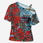 Personalised Cronulla Sharks ANZAC Cross Shoulder Shirt Indigenous Wave Pattern Poppy Remembrance Shark Warrior