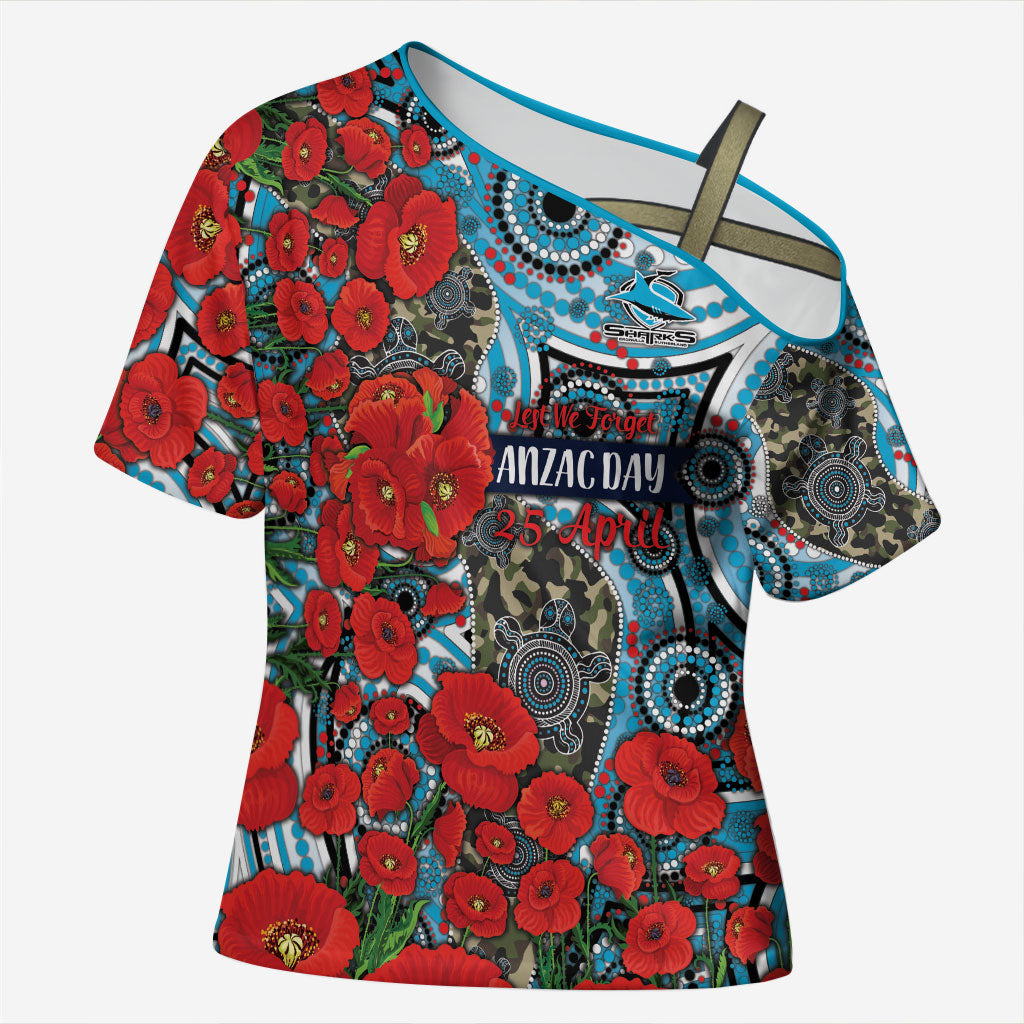 Personalised Cronulla Sharks ANZAC Cross Shoulder Shirt Indigenous Wave Pattern Poppy Remembrance Shark Warrior