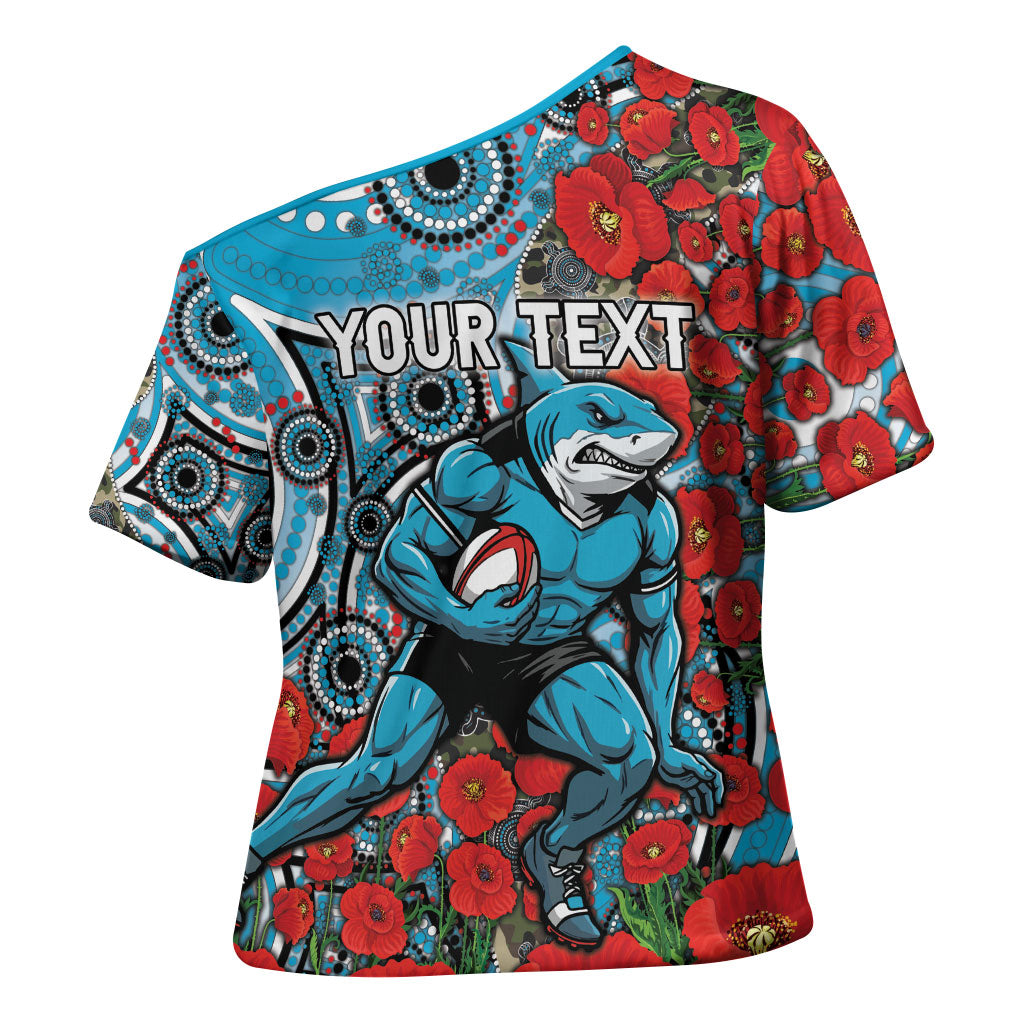 Personalised Cronulla Sharks ANZAC Cross Shoulder Shirt Indigenous Wave Pattern Poppy Remembrance Shark Warrior