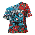 Personalised Cronulla Sharks ANZAC Cross Shoulder Shirt Indigenous Wave Pattern Poppy Remembrance Shark Warrior