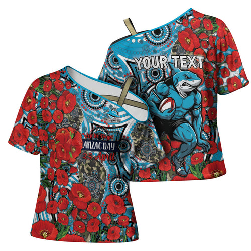 Personalised Cronulla Sharks ANZAC Cross Shoulder Shirt Indigenous Wave Pattern Poppy Remembrance Shark Warrior