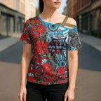Personalised Cronulla Sharks ANZAC Cross Shoulder Shirt Indigenous Wave Pattern Poppy Remembrance Shark Warrior