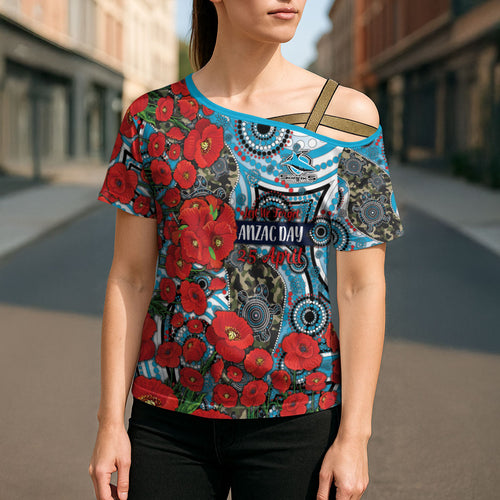 Personalised Cronulla Sharks ANZAC Cross Shoulder Shirt Indigenous Wave Pattern Poppy Remembrance Shark Warrior
