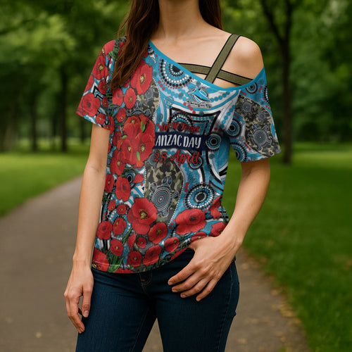 Personalised Cronulla Sharks ANZAC Cross Shoulder Shirt Indigenous Wave Pattern Poppy Remembrance Shark Warrior