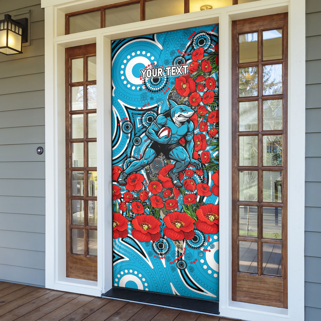 Personalised Cronulla Sharks ANZAC Door Cover Indigenous Wave Pattern Poppy Remembrance Shark Warrior