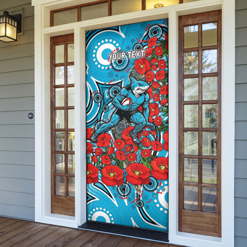 Personalised Cronulla Sharks ANZAC Door Cover Indigenous Wave Pattern Poppy Remembrance Shark Warrior