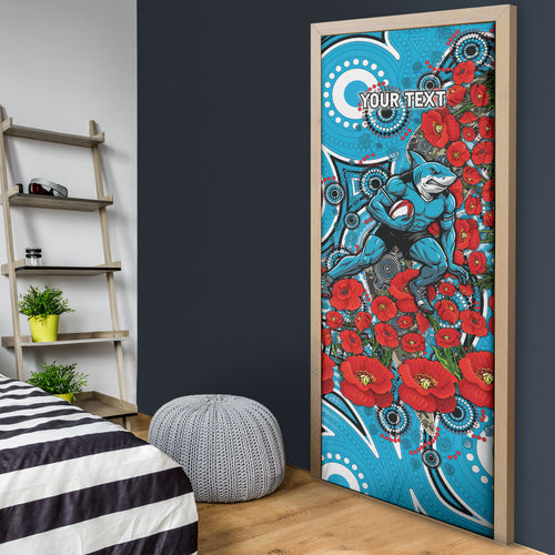 Personalised Cronulla Sharks ANZAC Door Cover Indigenous Wave Pattern Poppy Remembrance Shark Warrior