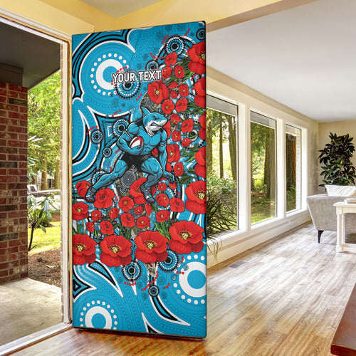 Personalised Cronulla Sharks ANZAC Door Cover Indigenous Wave Pattern Poppy Remembrance Shark Warrior