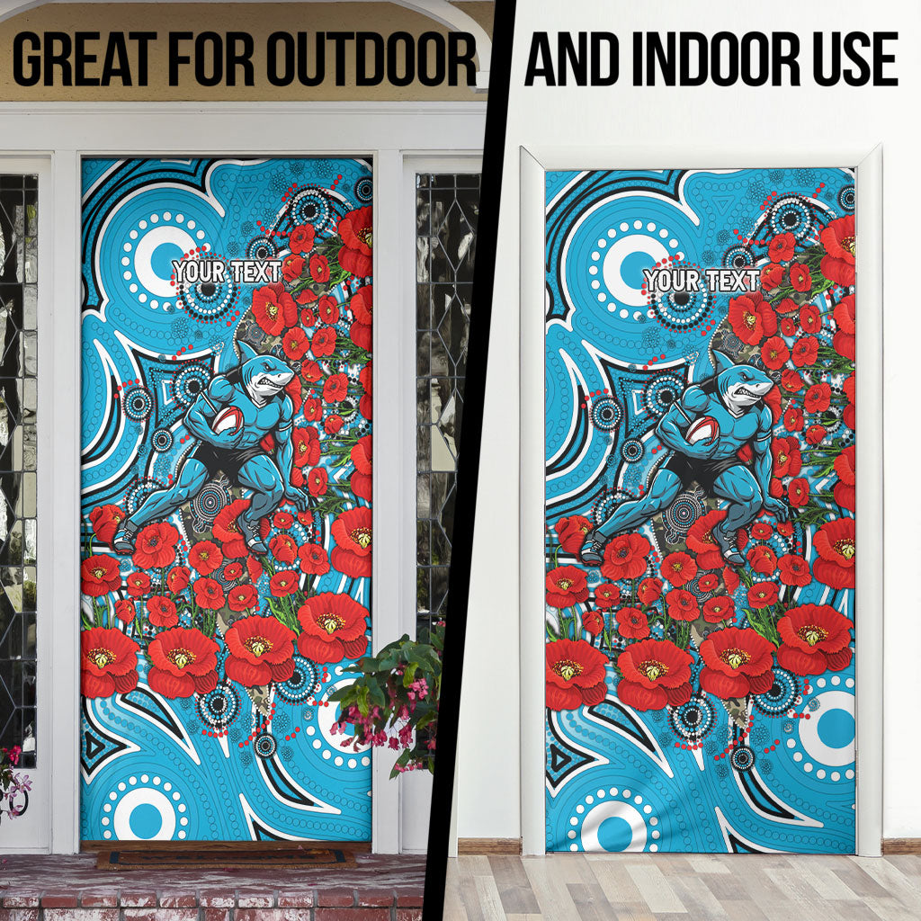 Personalised Cronulla Sharks ANZAC Door Cover Indigenous Wave Pattern Poppy Remembrance Shark Warrior