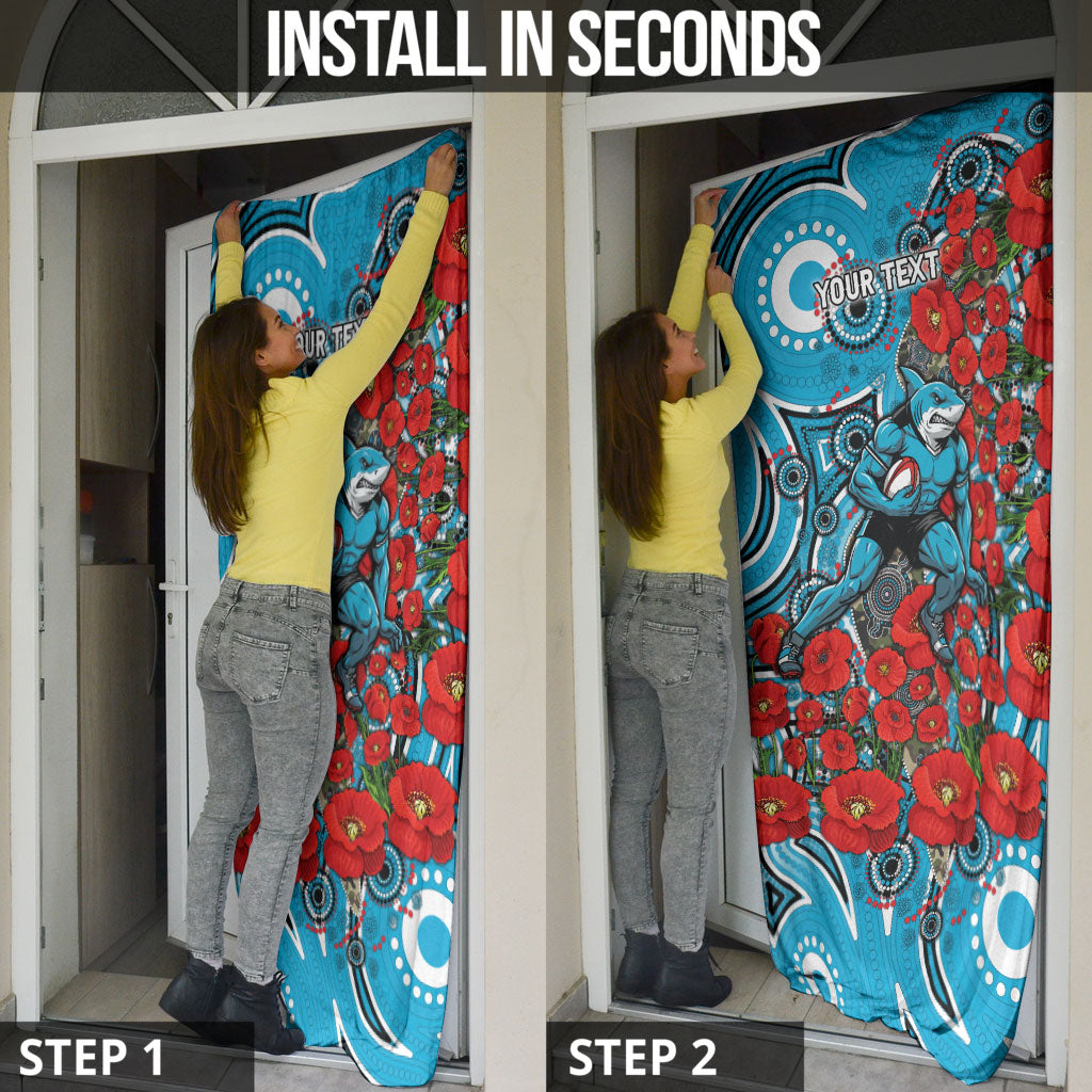 Personalised Cronulla Sharks ANZAC Door Cover Indigenous Wave Pattern Poppy Remembrance Shark Warrior