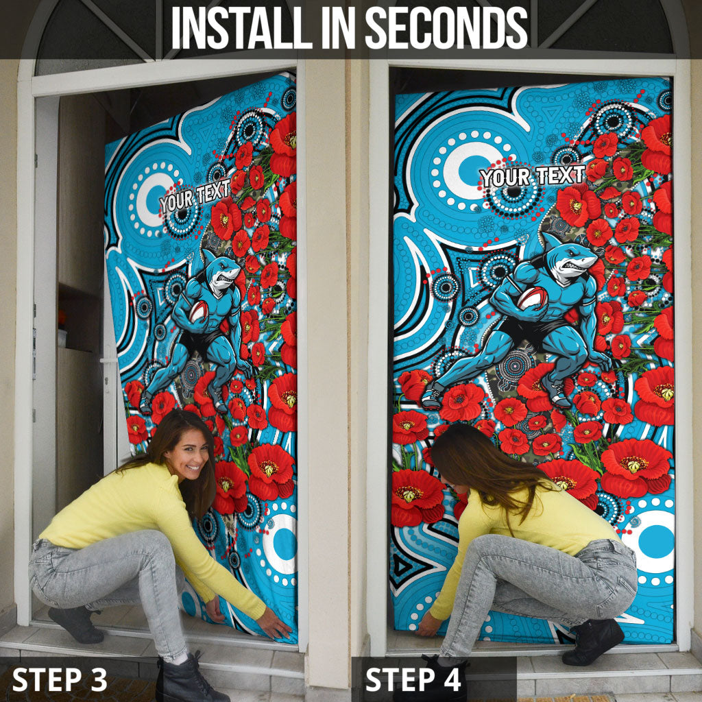 Personalised Cronulla Sharks ANZAC Door Cover Indigenous Wave Pattern Poppy Remembrance Shark Warrior