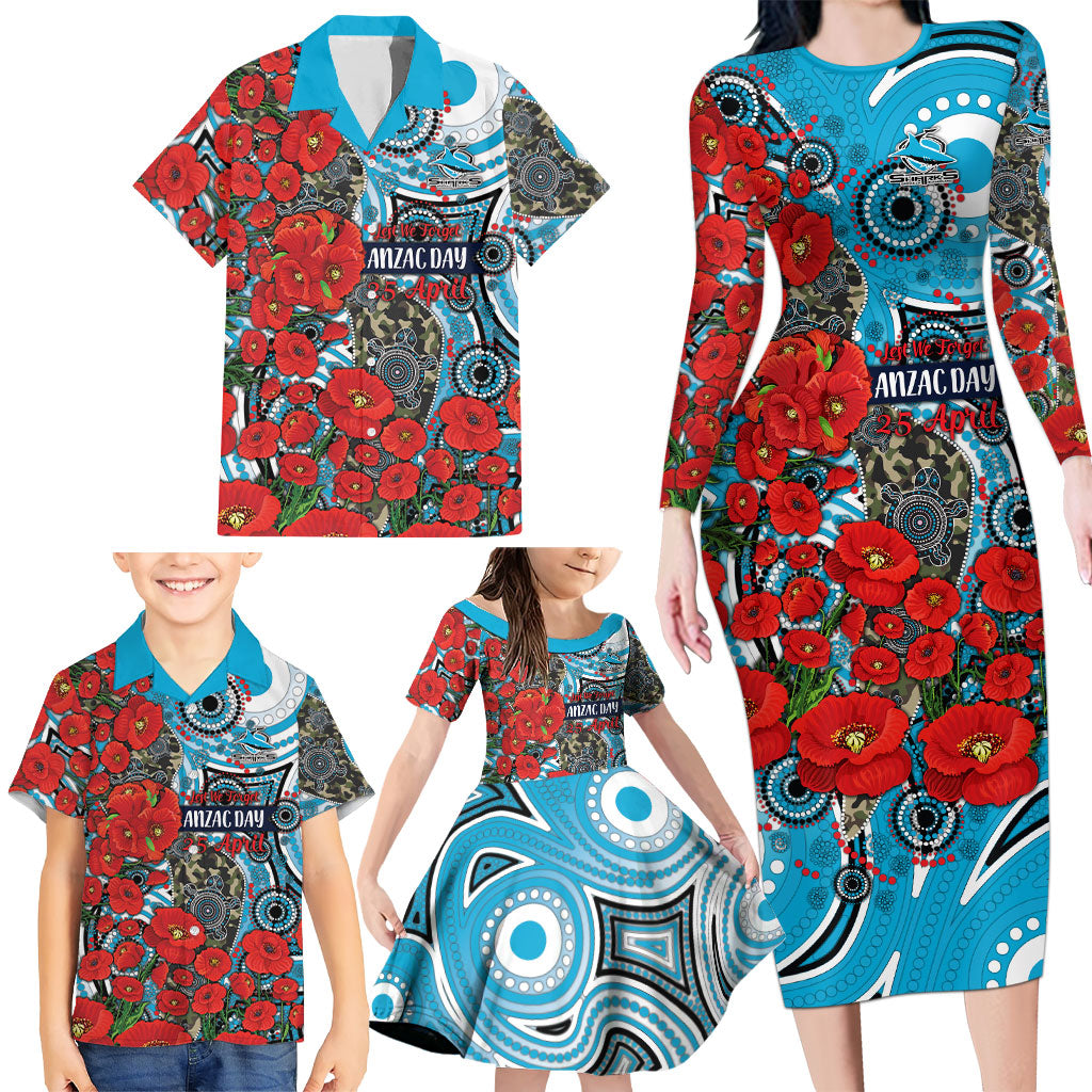 Personalised Cronulla Sharks ANZAC Family Matching Long Sleeve Bodycon Dress and Hawaiian Shirt Indigenous Wave Pattern Poppy Remembrance Shark Warrior