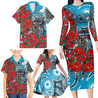 Personalised Cronulla Sharks ANZAC Family Matching Long Sleeve Bodycon Dress and Hawaiian Shirt Indigenous Wave Pattern Poppy Remembrance Shark Warrior