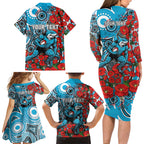 Personalised Cronulla Sharks ANZAC Family Matching Long Sleeve Bodycon Dress and Hawaiian Shirt Indigenous Wave Pattern Poppy Remembrance Shark Warrior