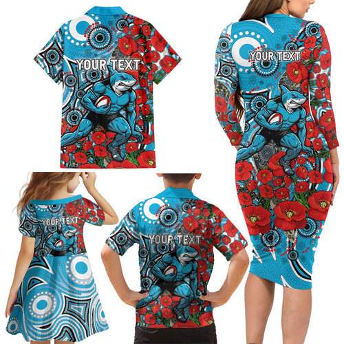 Personalised Cronulla Sharks ANZAC Family Matching Long Sleeve Bodycon Dress and Hawaiian Shirt Indigenous Wave Pattern Poppy Remembrance Shark Warrior