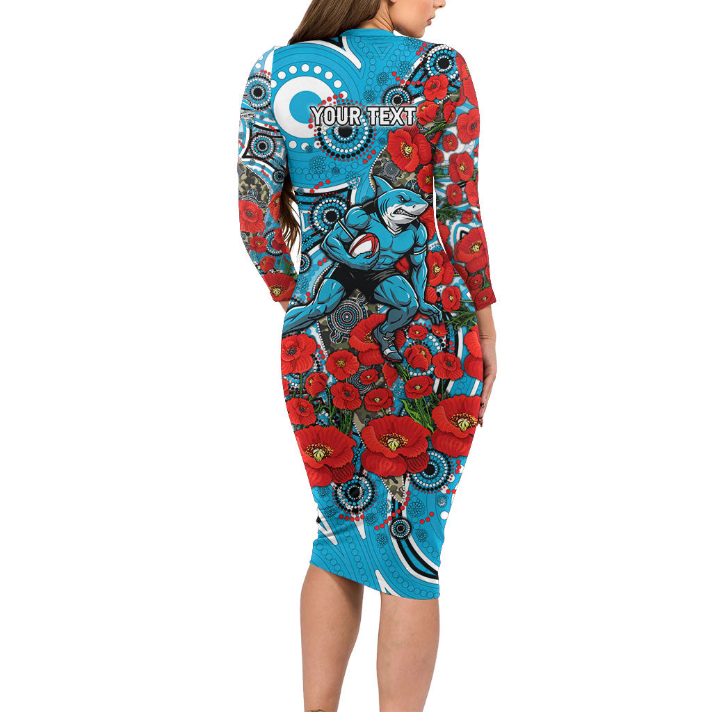 Personalised Cronulla Sharks ANZAC Family Matching Long Sleeve Bodycon Dress and Hawaiian Shirt Indigenous Wave Pattern Poppy Remembrance Shark Warrior