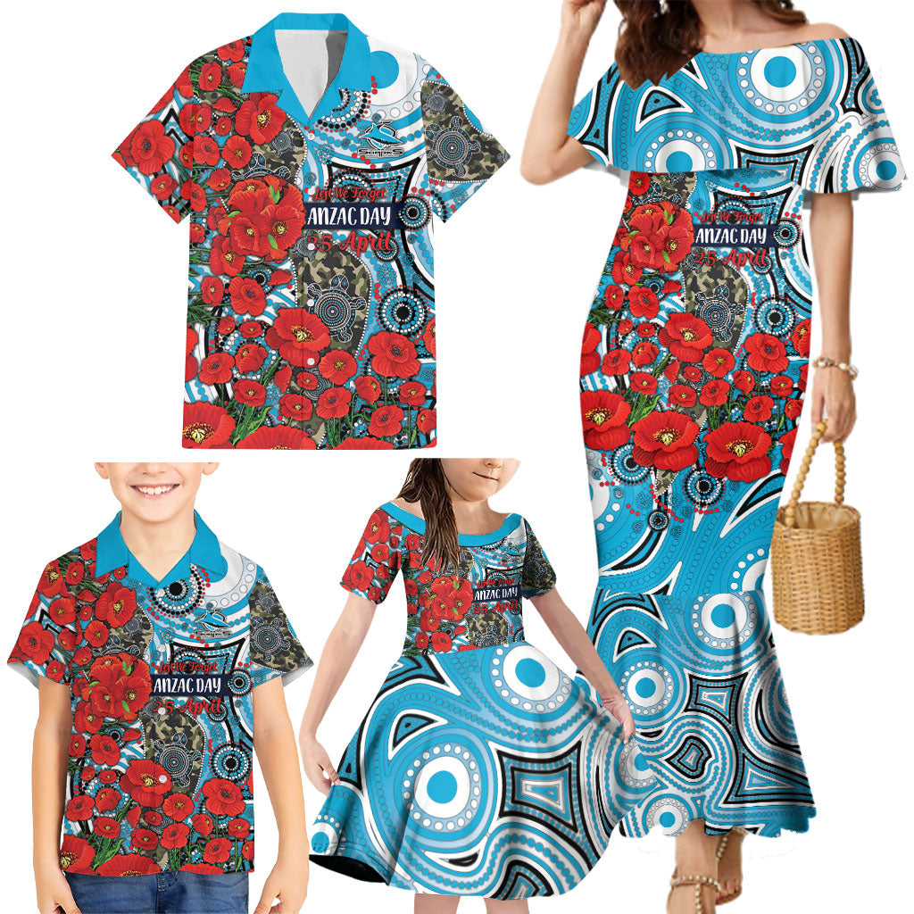 Personalised Cronulla Sharks ANZAC Family Matching Mermaid Dress and Hawaiian Shirt Indigenous Wave Pattern Poppy Remembrance Shark Warrior