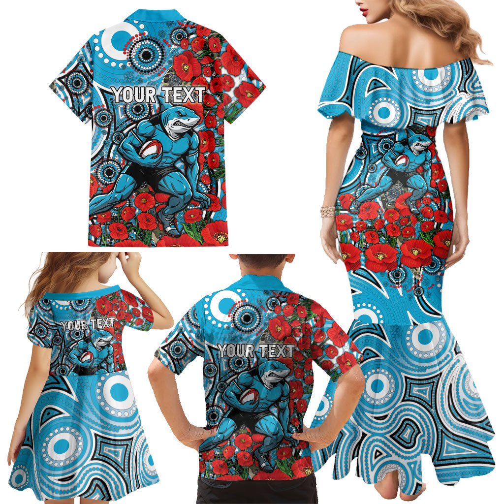 Personalised Cronulla Sharks ANZAC Family Matching Mermaid Dress and Hawaiian Shirt Indigenous Wave Pattern Poppy Remembrance Shark Warrior