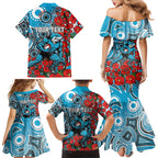 Personalised Cronulla Sharks ANZAC Family Matching Mermaid Dress and Hawaiian Shirt Indigenous Wave Pattern Poppy Remembrance Shark Warrior
