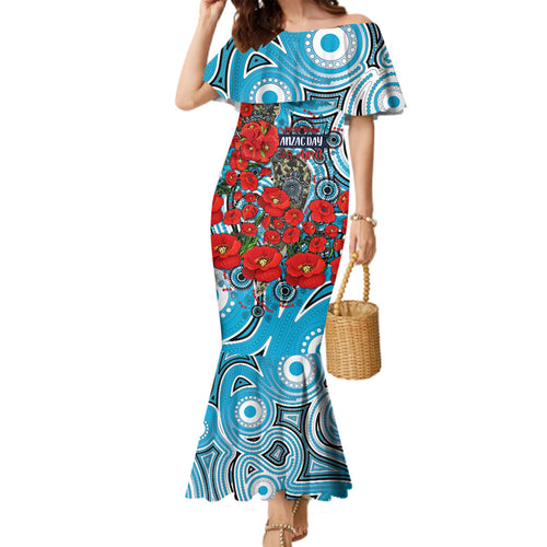 Personalised Cronulla Sharks ANZAC Family Matching Mermaid Dress and Hawaiian Shirt Indigenous Wave Pattern Poppy Remembrance Shark Warrior