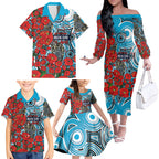 Personalised Cronulla Sharks ANZAC Family Matching Off The Shoulder Long Sleeve Dress and Hawaiian Shirt Indigenous Wave Pattern Poppy Remembrance Shark Warrior