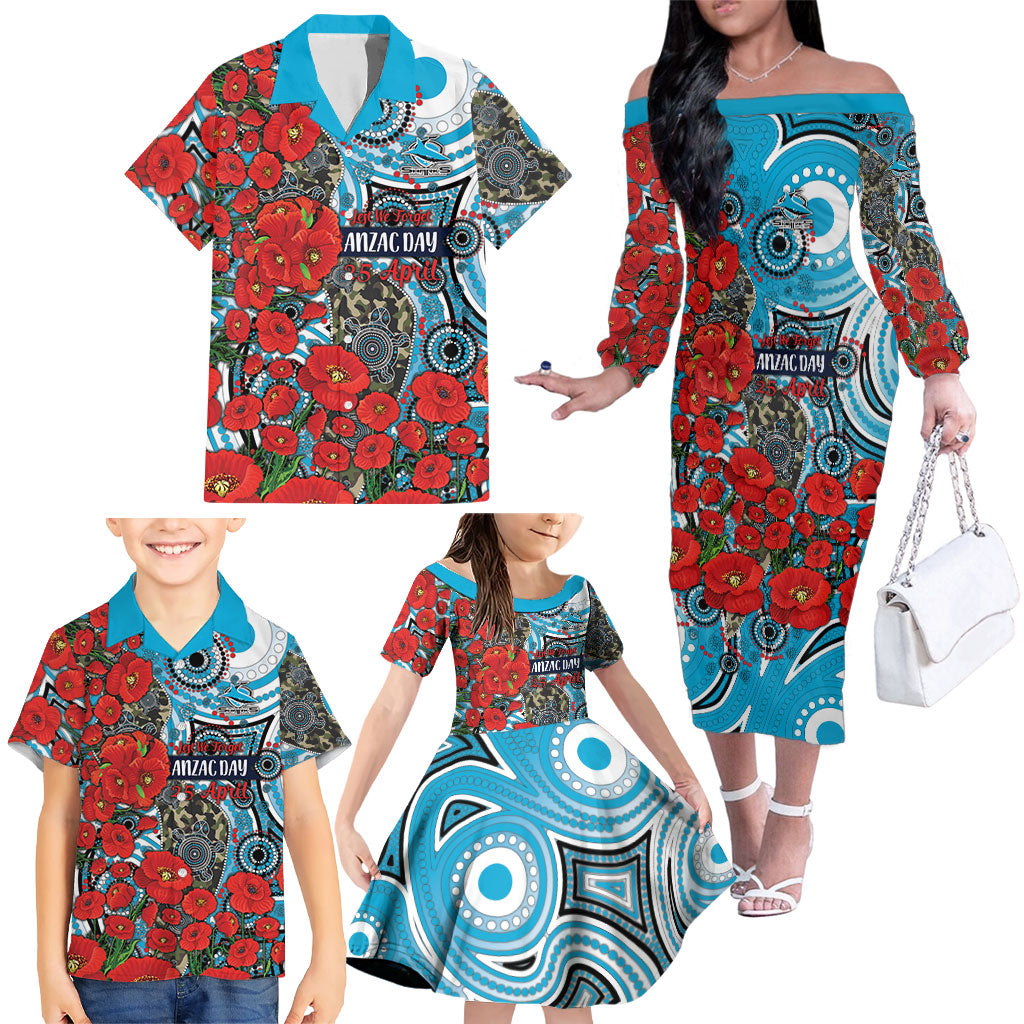 Personalised Cronulla Sharks ANZAC Family Matching Off The Shoulder Long Sleeve Dress and Hawaiian Shirt Indigenous Wave Pattern Poppy Remembrance Shark Warrior