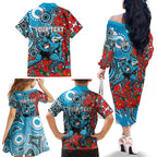 Personalised Cronulla Sharks ANZAC Family Matching Off The Shoulder Long Sleeve Dress and Hawaiian Shirt Indigenous Wave Pattern Poppy Remembrance Shark Warrior