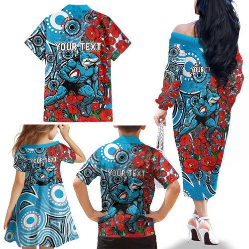 Personalised Cronulla Sharks ANZAC Family Matching Off The Shoulder Long Sleeve Dress and Hawaiian Shirt Indigenous Wave Pattern Poppy Remembrance Shark Warrior