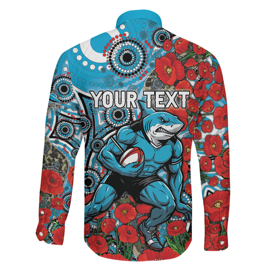 Personalised Cronulla Sharks ANZAC Family Matching Off The Shoulder Long Sleeve Dress and Hawaiian Shirt Indigenous Wave Pattern Poppy Remembrance Shark Warrior