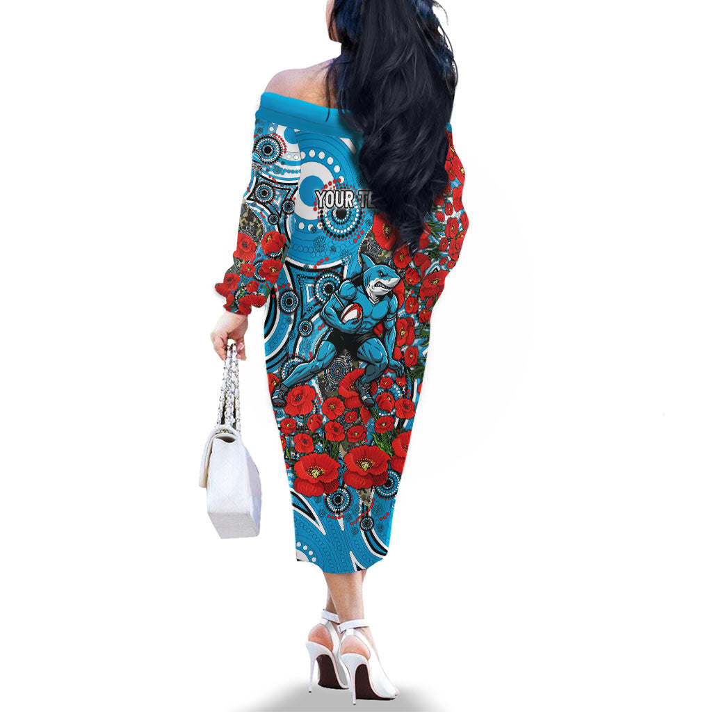 Personalised Cronulla Sharks ANZAC Family Matching Off The Shoulder Long Sleeve Dress and Hawaiian Shirt Indigenous Wave Pattern Poppy Remembrance Shark Warrior