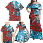 Personalised Cronulla Sharks ANZAC Family Matching Off Shoulder Maxi Dress and Hawaiian Shirt Indigenous Wave Pattern Poppy Remembrance Shark Warrior