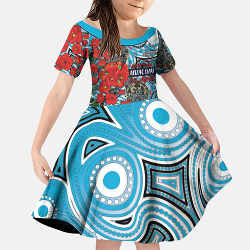 Personalised Cronulla Sharks ANZAC Family Matching Off Shoulder Maxi Dress and Hawaiian Shirt Indigenous Wave Pattern Poppy Remembrance Shark Warrior
